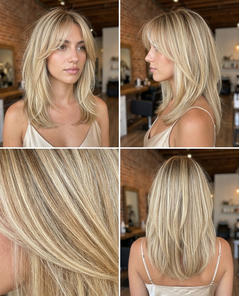 collarbone-length haircut in buttercream blonde with honey babylights and wispy curtain bangs for summer