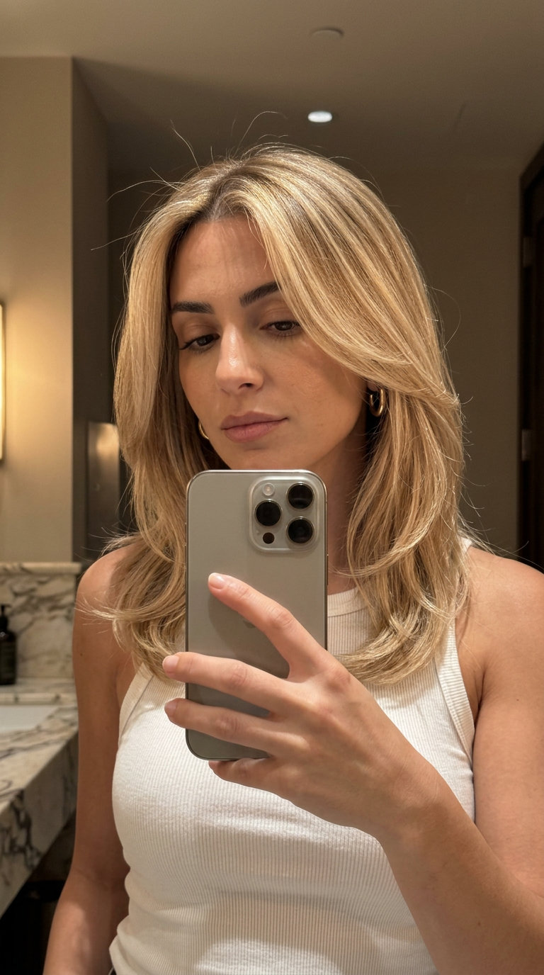 long buttercream blonde hair with golden babylights, subtle root smudge, no fringe — luxe summer glow