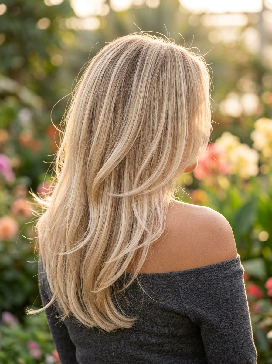 long butterfly layers with creamy buttercream blonde balayage, vanilla root shadow, no fringe — romantic bohemian style