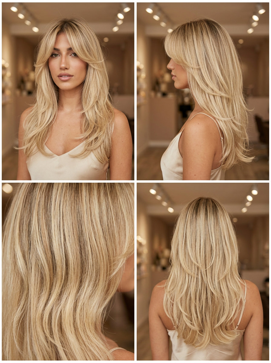 Golden Hour Cascade: Long Layers & Curtain Bangs 2026 long layered haircut with buttercream blonde, face-framing curtain bangs, and feathered ends for summer