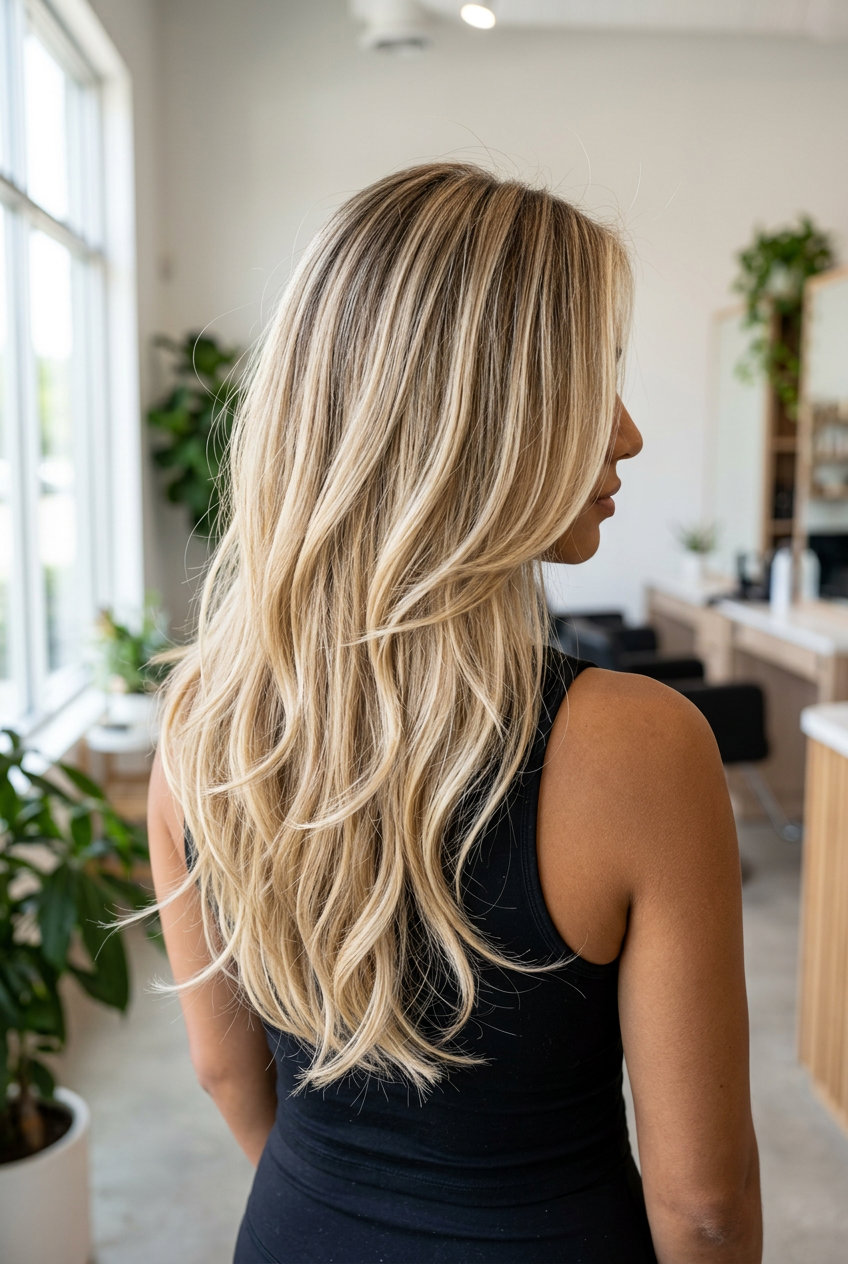 long layered haircut with buttercream blonde balayage, face-framing layers for summer 2026