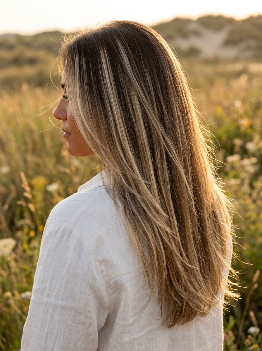 long layered haircut with buttercream blonde, foilayage highlights and face-framing layers — effortless bohemian