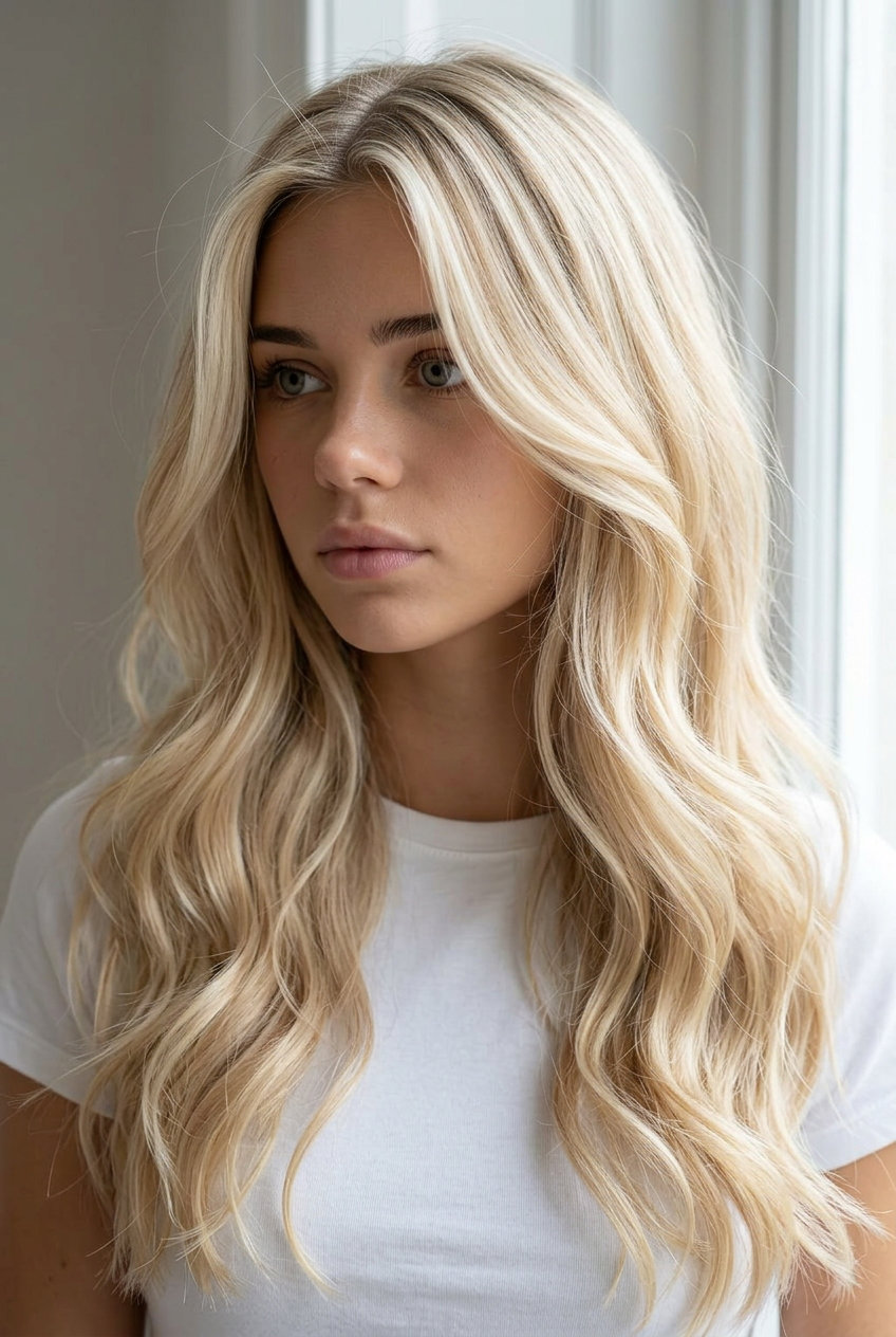 long butter-cream balayage on layered cut with flowing waves for glamorous luxury