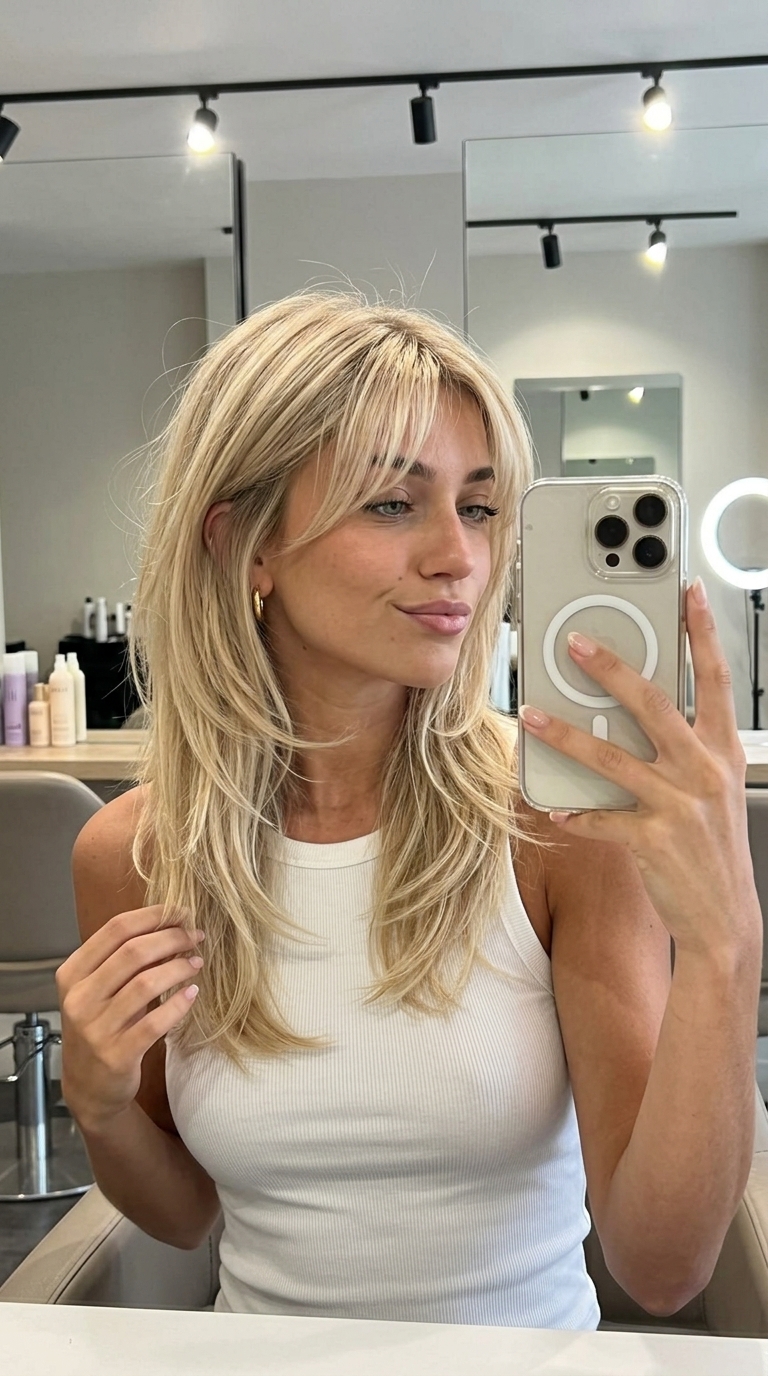 long buttercream blonde shag haircut with wispy fringe, babylights for round faces
