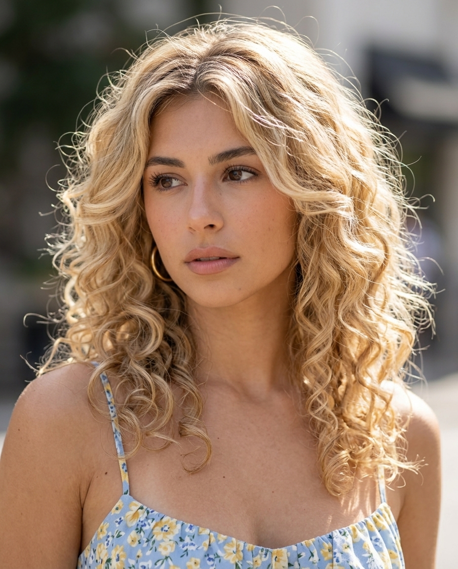 long modern summer shag hairstyle 2026 with buttercream blonde, vanilla root, heatless curls — romantic, voluminous