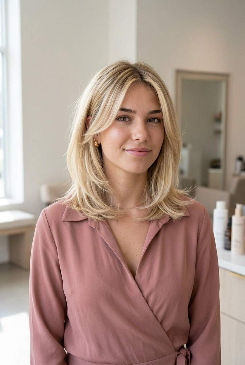Buttercream Tousled Lob Haircut 2026 medium layered tousled lob haircut with buttercream blonde, golden babylights, and vanilla root for brunch