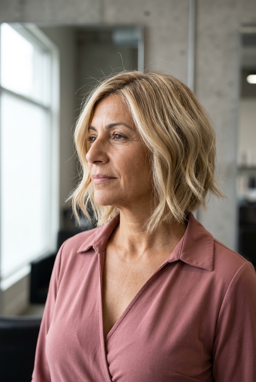 short buttercream blonde bob haircut with honey lowlights, vanilla root smudge, A-line shape — playful radiant