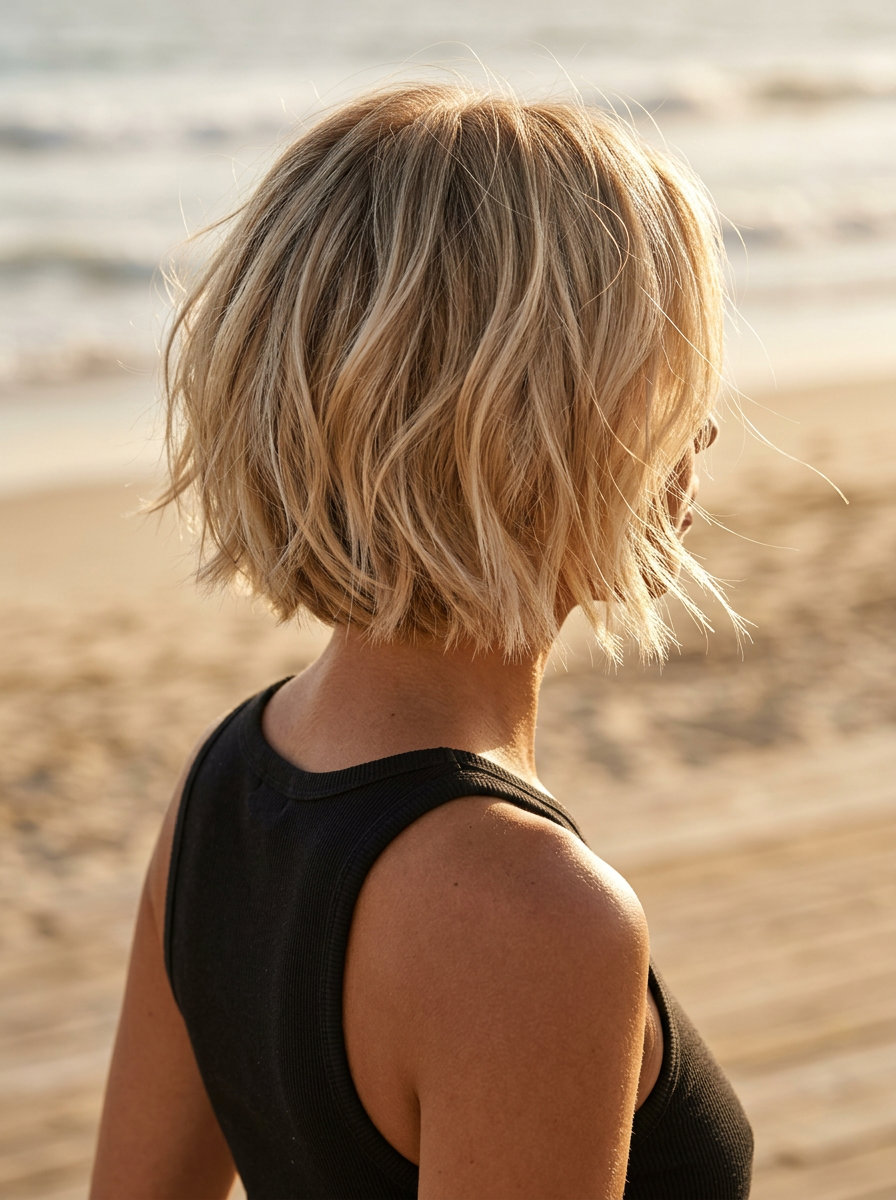 Carefree Summer Bob 2026 short textured bob haircut with buttercream blonde babylights, natural root, no bangs — playful carefree style