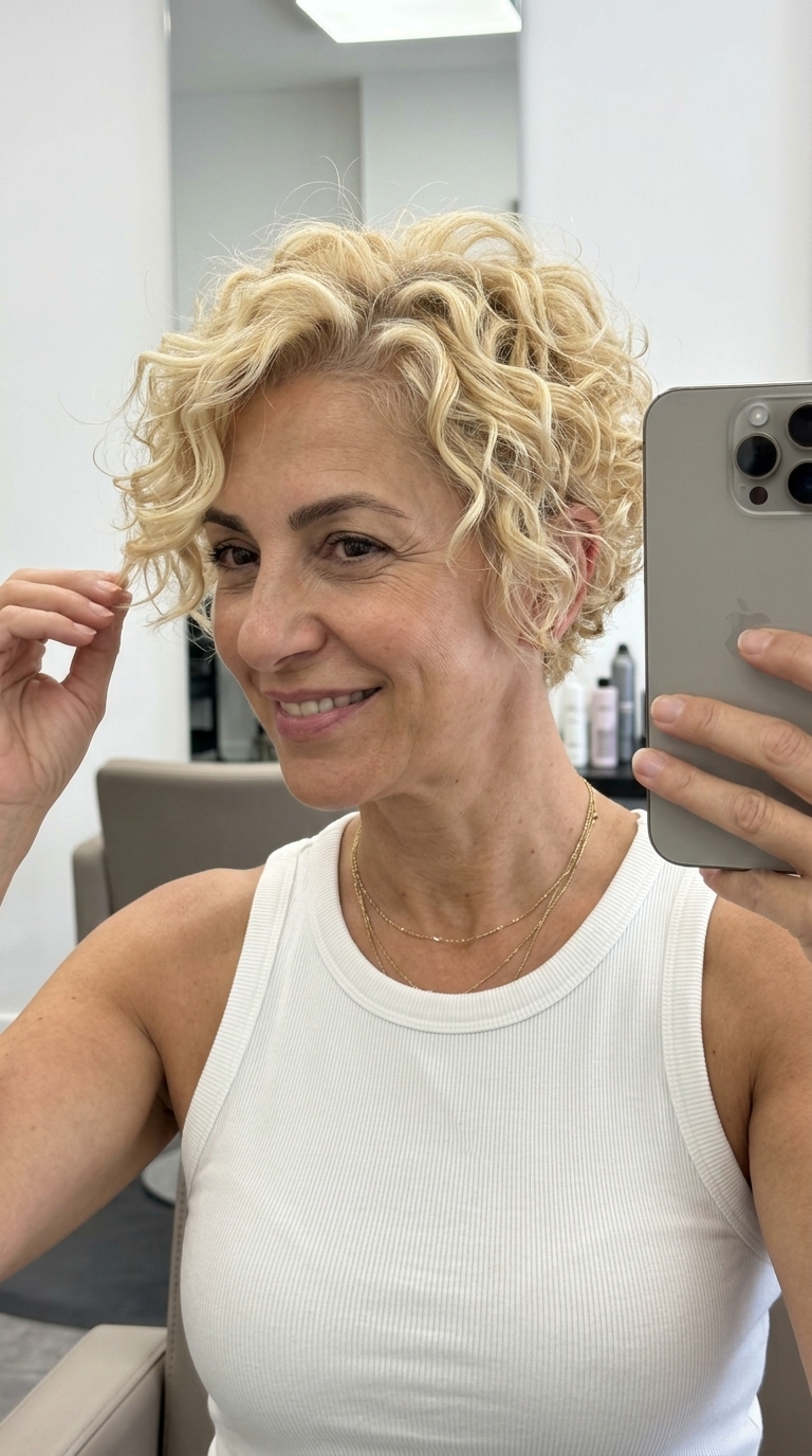 short curly pixie haircut in buttercream blonde with golden babylights and tapered sides for playful look