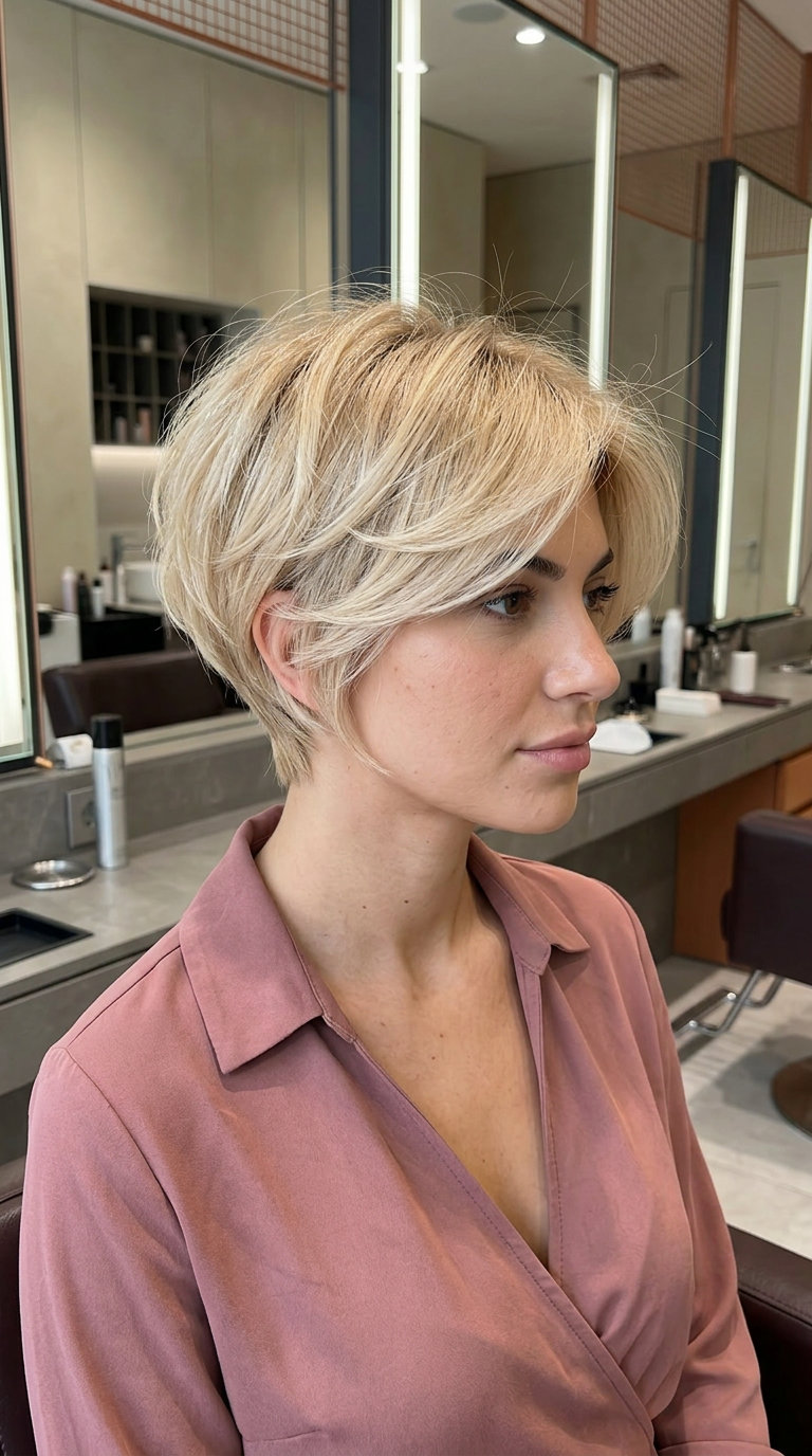 short buttercream blonde pixie with golden babylights, root smudge, wispy fringe — soft feminine style
