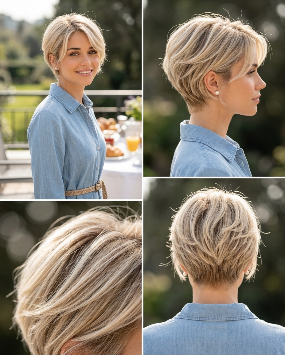 short soft pixie haircut with buttercream blonde, vanilla, for daily wear