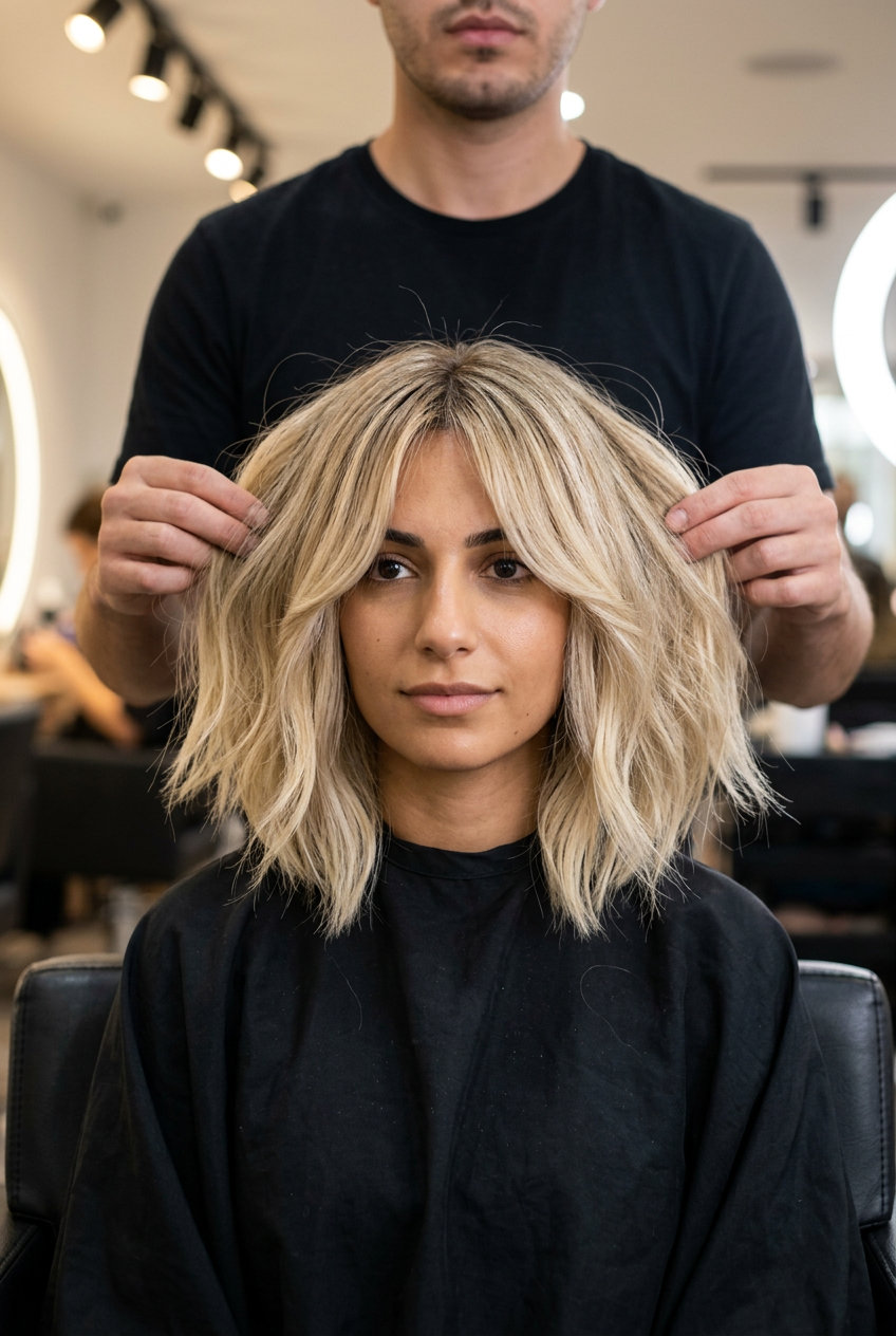 shoulder-length butter-cream balayage on textured bob with curtain bangs for playful chic