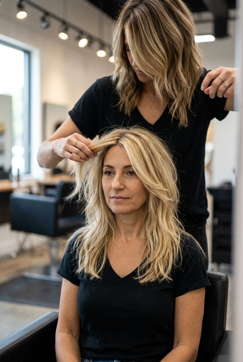 shoulder-length shag haircut with buttercream blonde & honey lowlights, razored layers — bohemian vacation