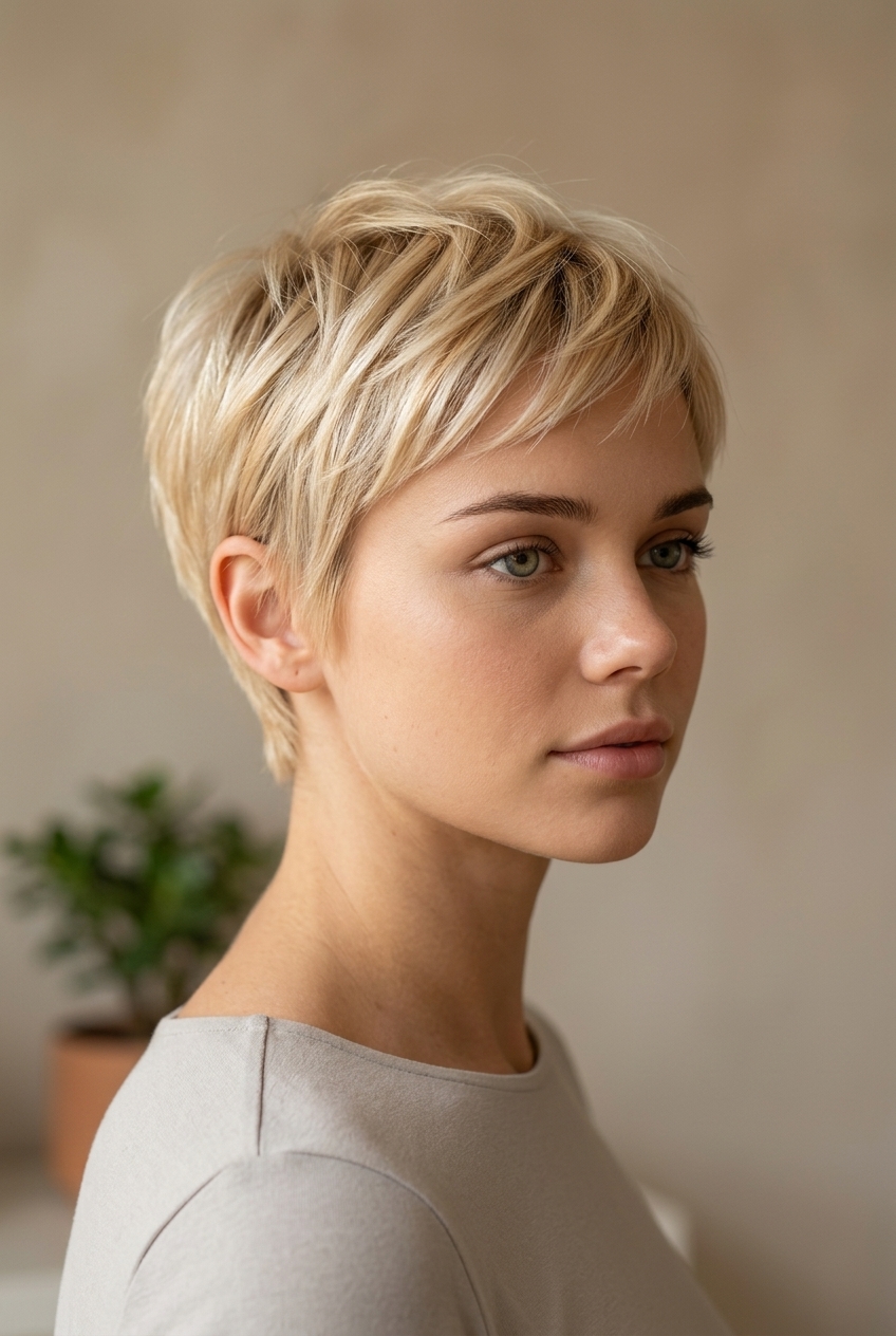 very short pixie haircut in butter-cream blonde with honey babylights, soft rounded cut with wispy fringe for casual date