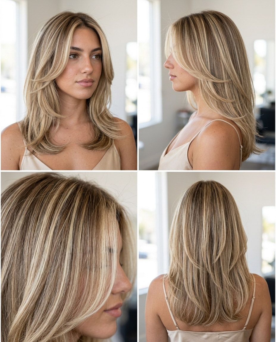 long butterfly haircut with creamy buttercream blonde, high-impact highlights, face-framing layers — playful, glamorous