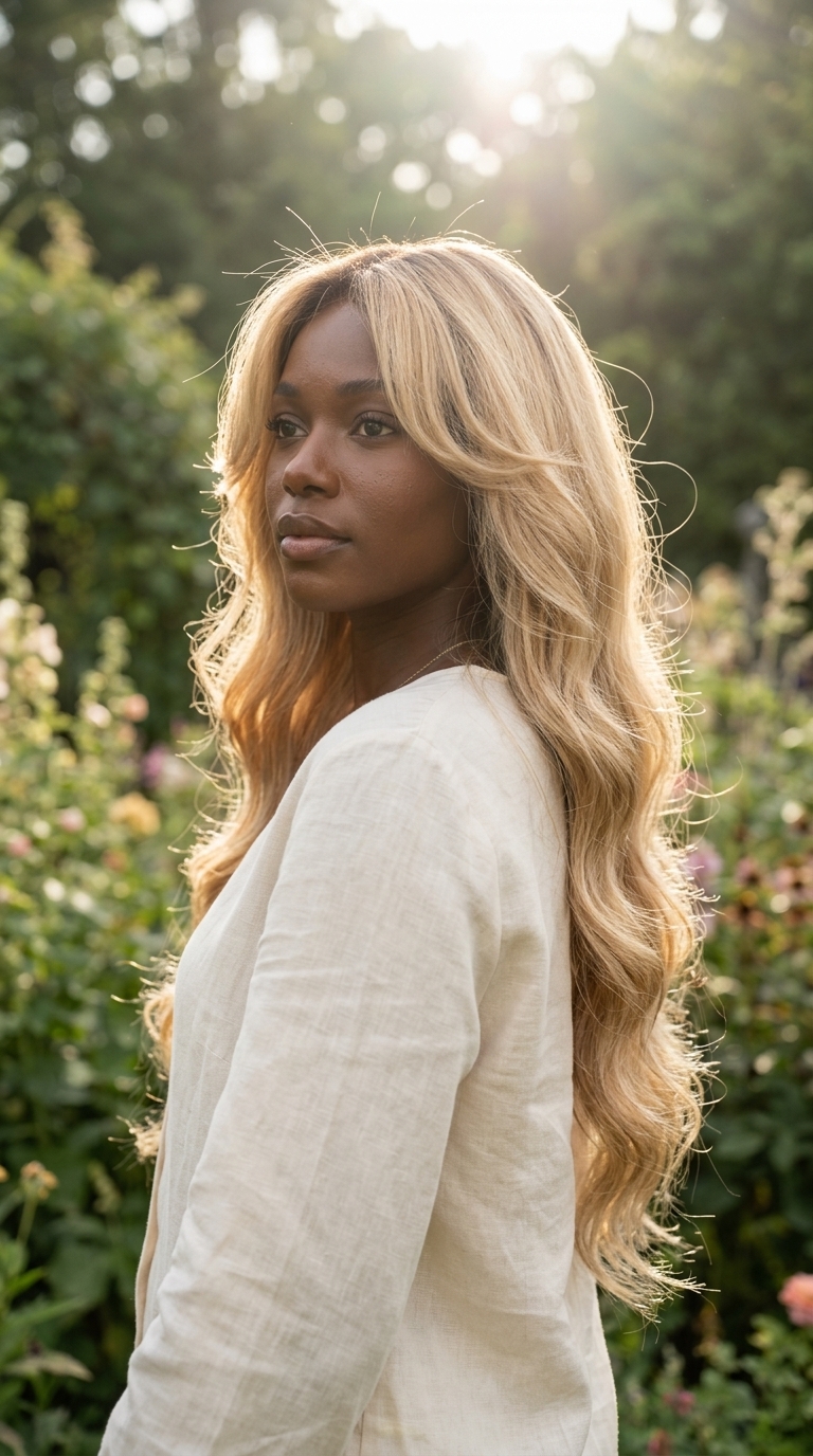 long layered haircut with buttercream blonde, honey babylights, and dark vanilla root for summer