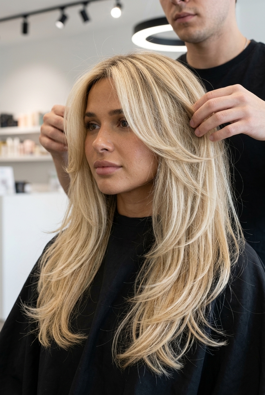 long layered haircut with soft buttercream blonde, butterfly layers for summer