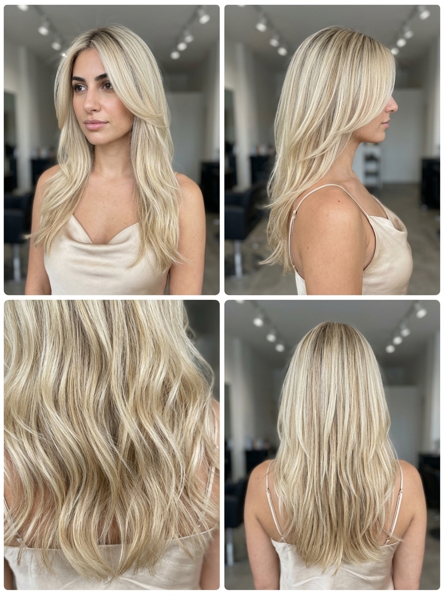 long layered haircut with buttercream blonde, honey lowlights, and vanilla root shadow for summer