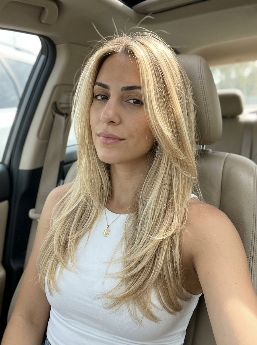 long layered haircut in buttercream blonde with honey lowlights for summer 2026