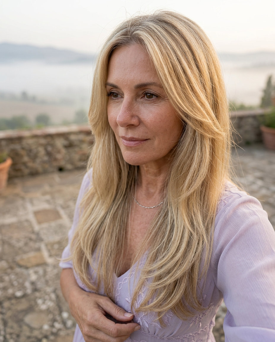 Chest-length wavy hair with buttercream blonde pale gold babylights, face-framing layers — romantic for garden weddings