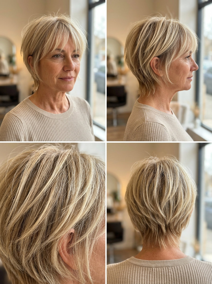 Short bixie haircut with buttercream blonde babylights, wispy fringe — playful for active travel