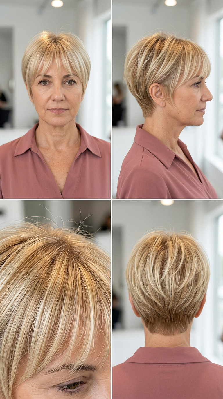 Short pixie haircut with buttercream blonde honey babylights, wispy fringe — youthful for casual outings