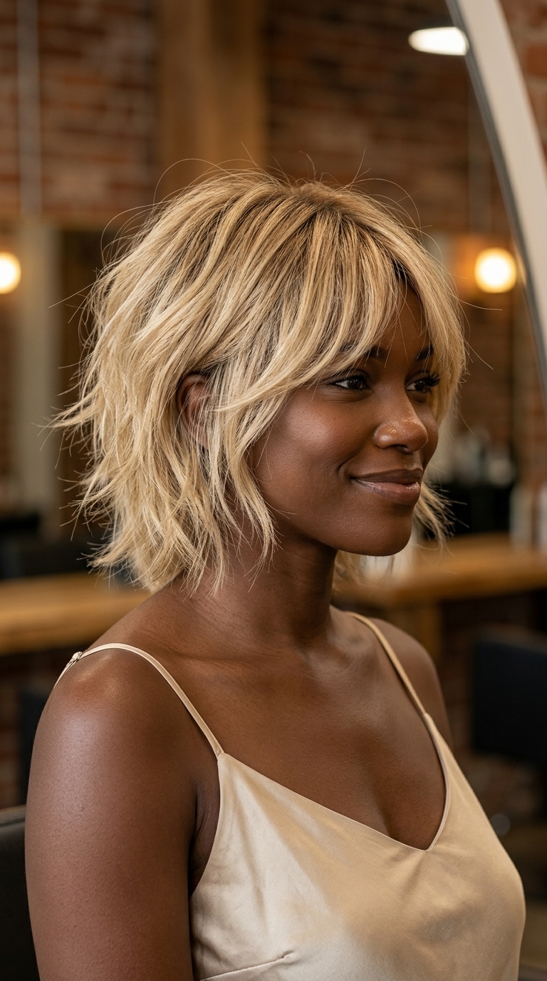 short messy shag haircut with buttercream blonde, babylights, and curtain fringe for summer