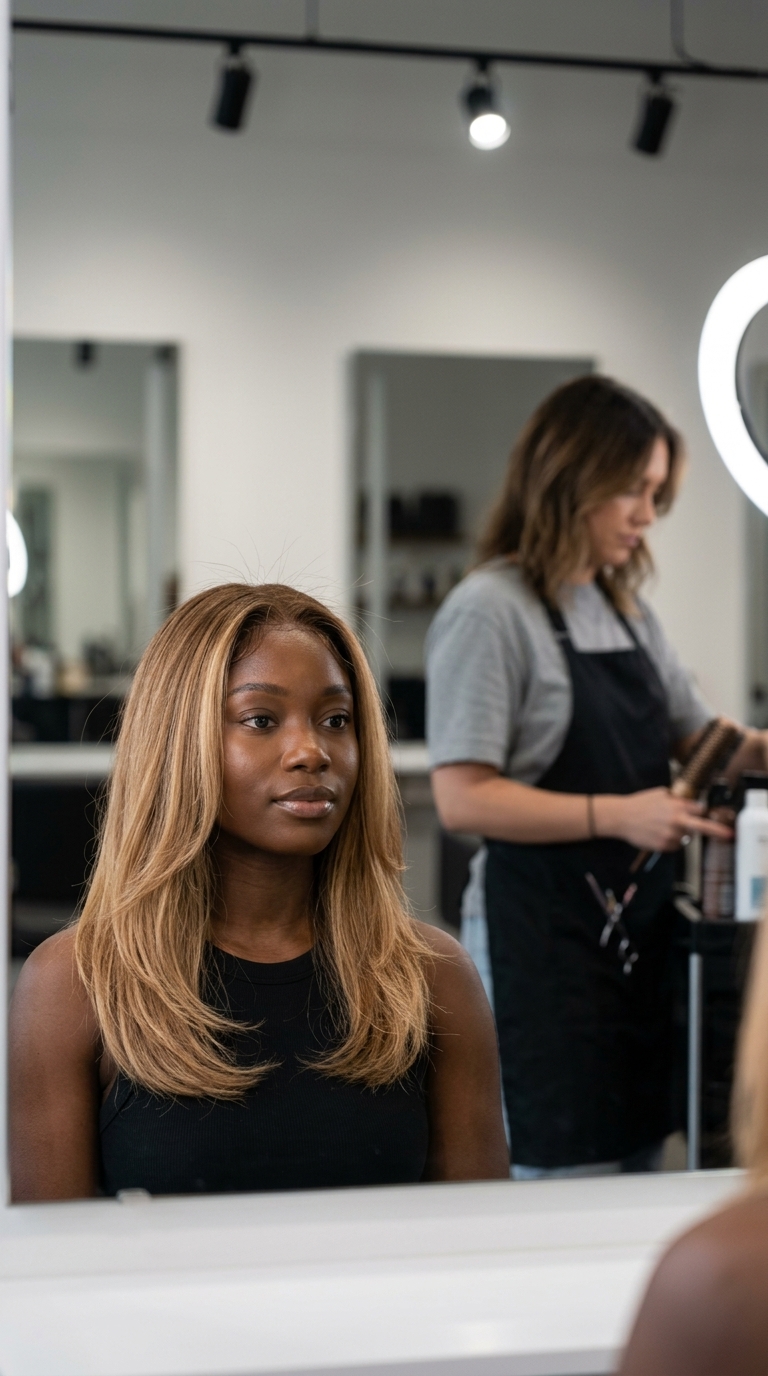long layered ombre with butterscotch blonde, warm balayage, caramel undertones — natural sun-kissed style