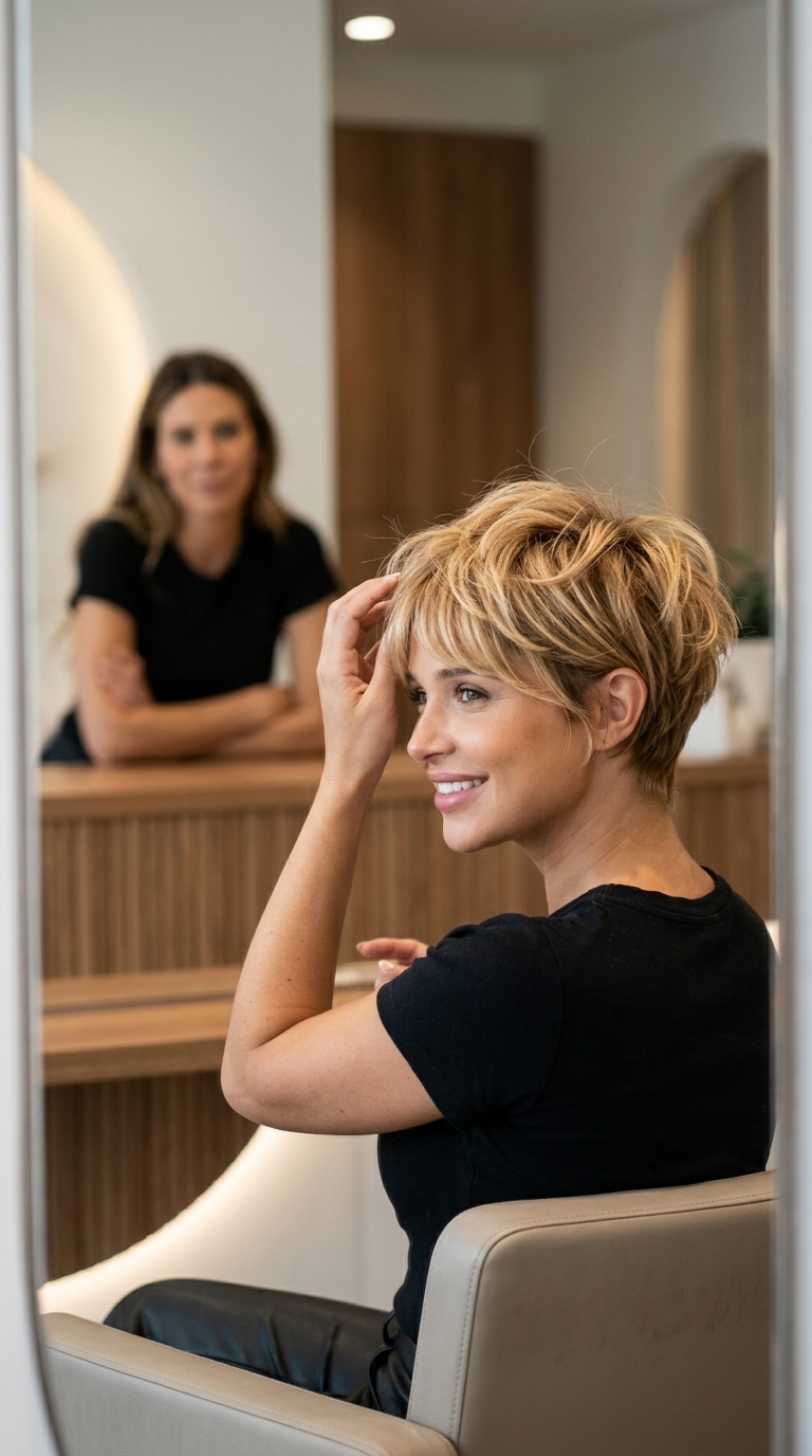 very short pixie haircut with butterscotch blonde color, playful layers for summer