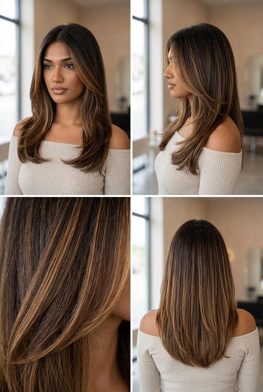 long chocolate brunette balayage with caramel and honey-gold highlights for summer