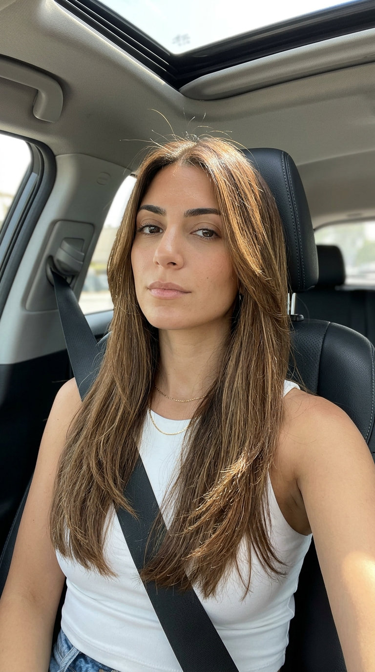 long haircut in caramel brunette with honey babylights for summer 2026