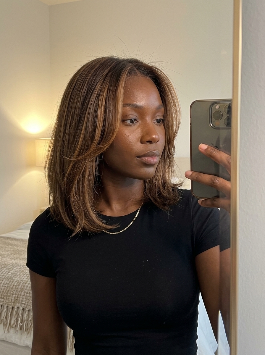 collarbone-length lob with syrup brunette, caramel balayage, face-framing layers — effortless, radiant