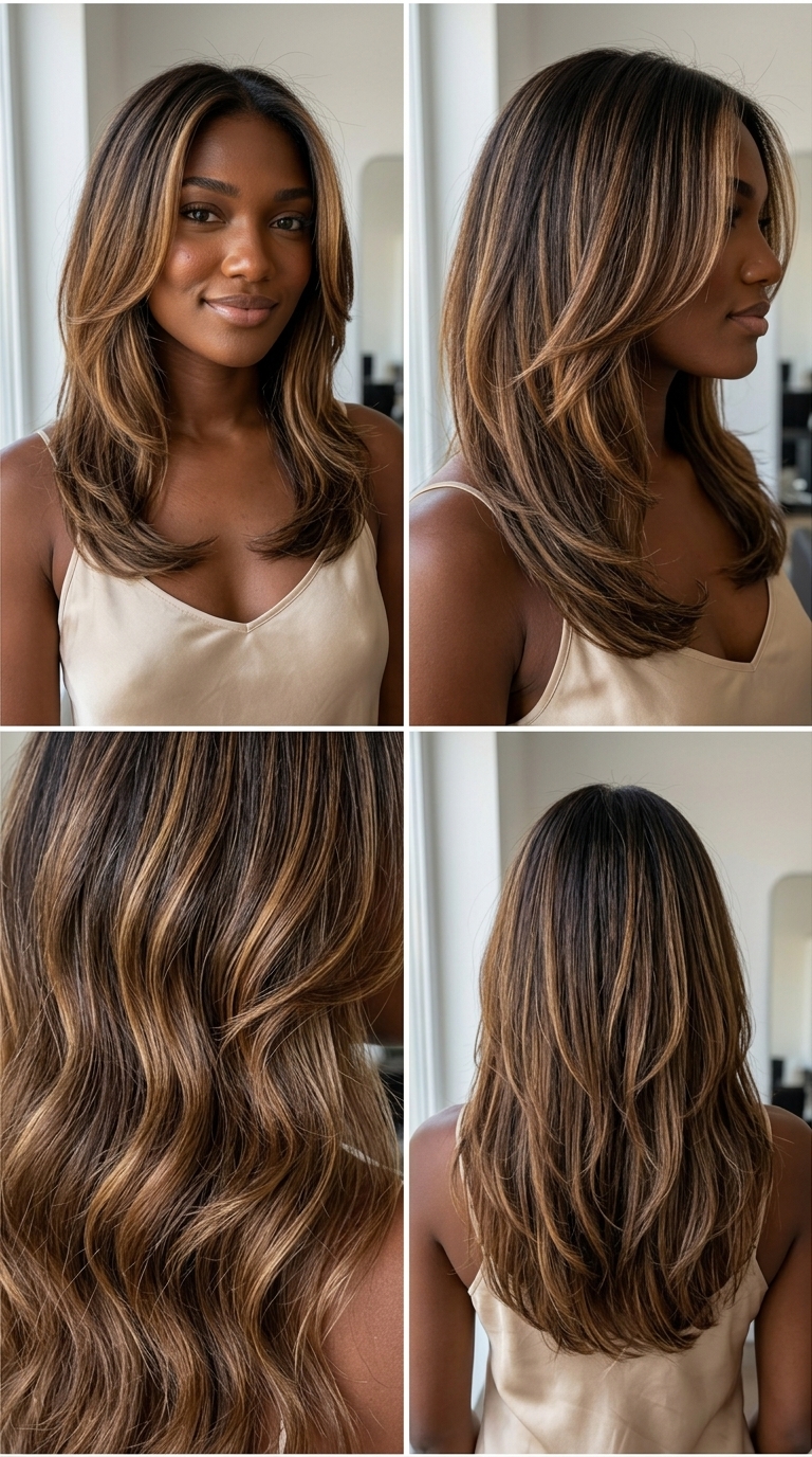 long layered warm caramel balayage on dark skin for summer 2026