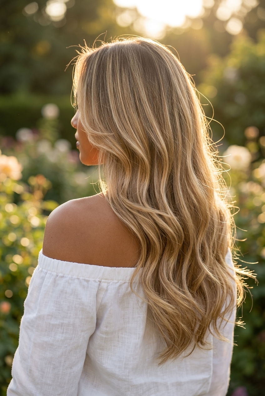Caramel Macchiato Cascade 2026 long cascading layers with caramel macchiato blonde, vanilla and caramel swirls — modern dimensional look