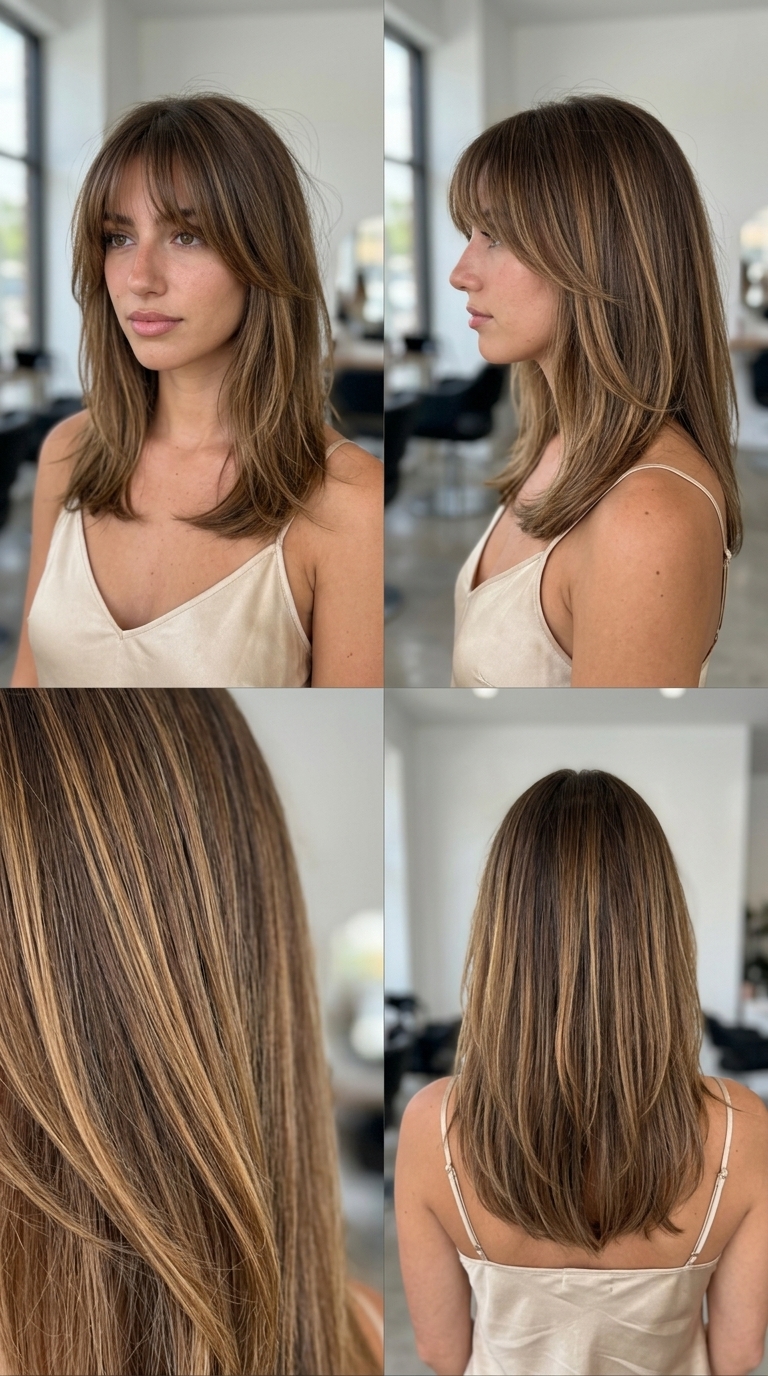 medium-long haircut with soft caramel balayage, wispy birkin bangs, face-framing layers — retro, romantic