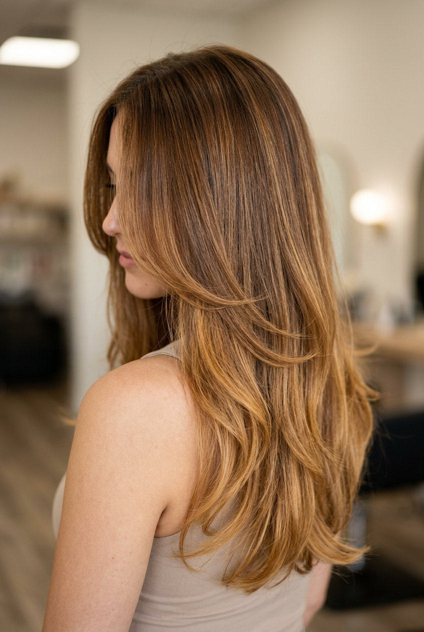 long layered butterfly haircut in caramel ombré with textured layers, no fringe — soft and effortless