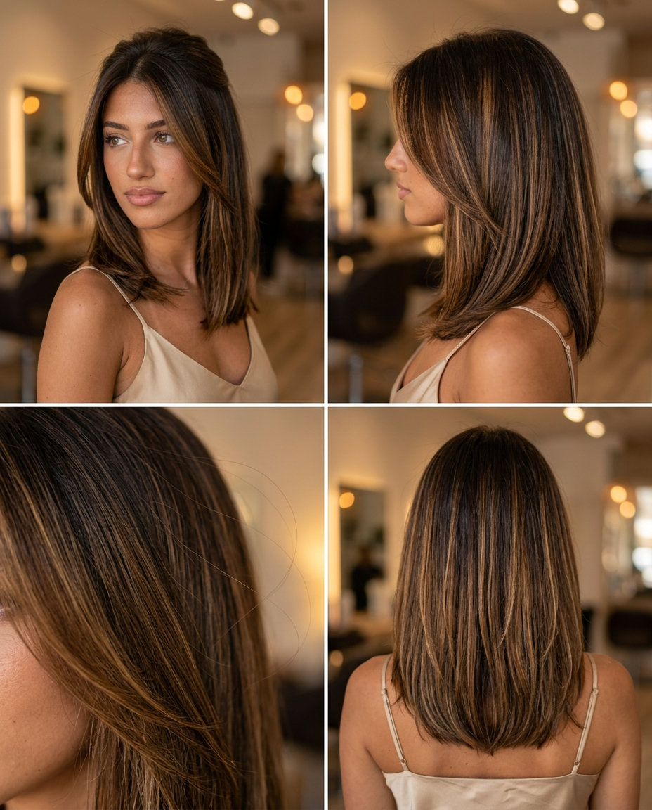long U-cut layers with sun-kissed caramel ribbons, espresso brunette base, no fringe — romantic lived-in style