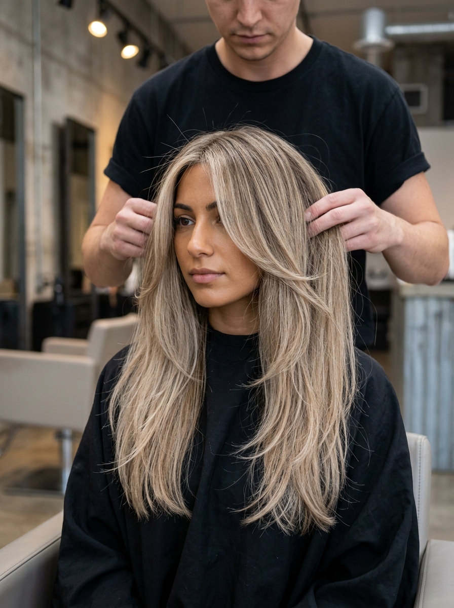 long layered haircut with chai latte balayage, Scandi-hairline for summer 2026