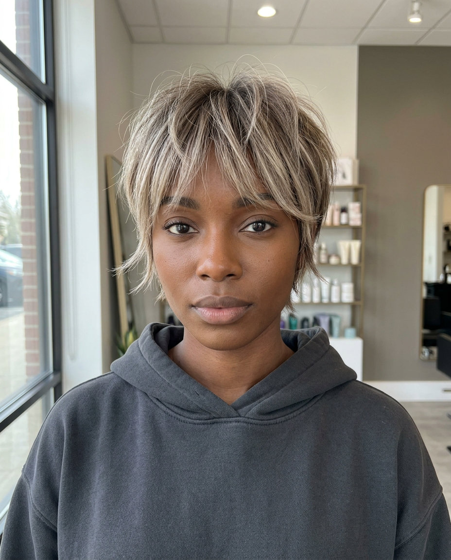short pixie haircut with chai latte balayage, wispy fringe for summer 2026