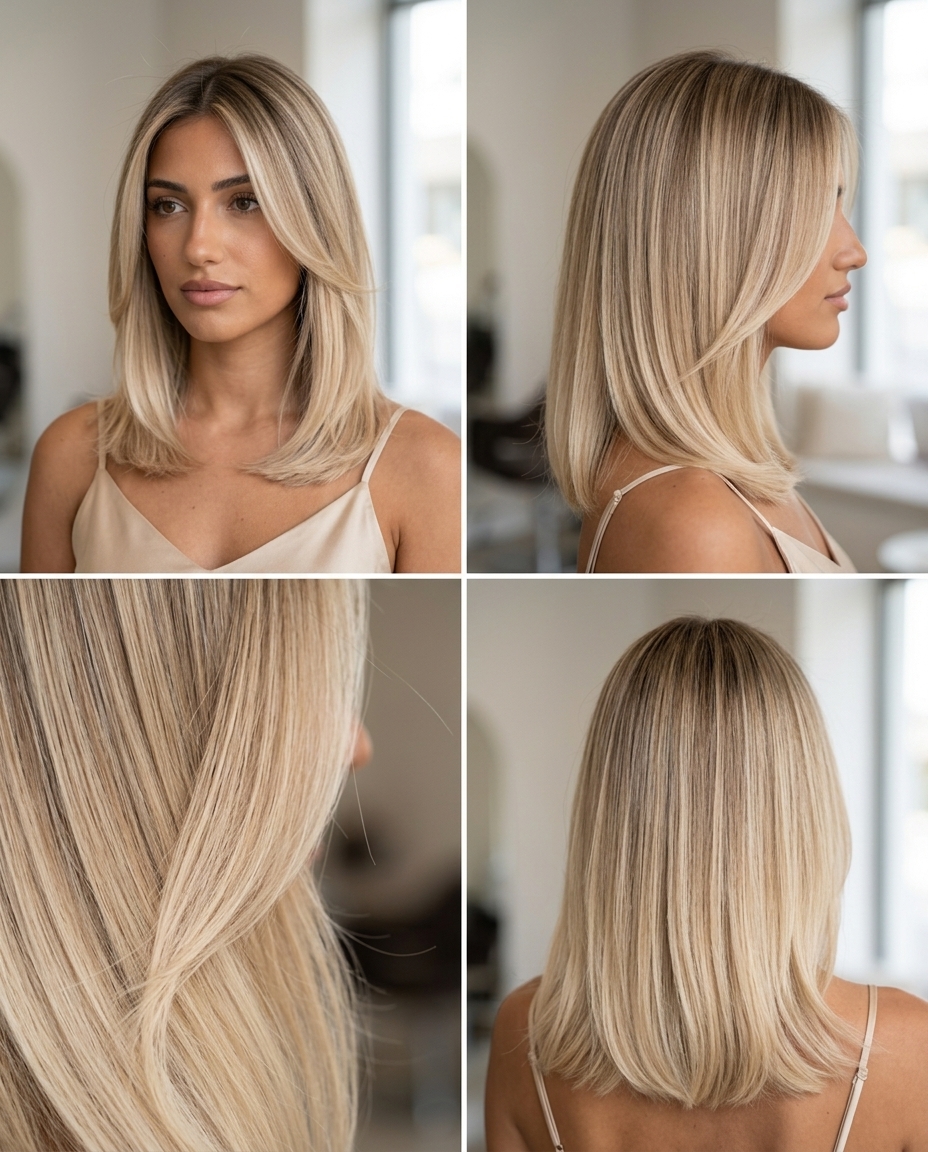 long champagne blonde ombre with beige root and balayage highlights, soft and luxurious for summer 2026
