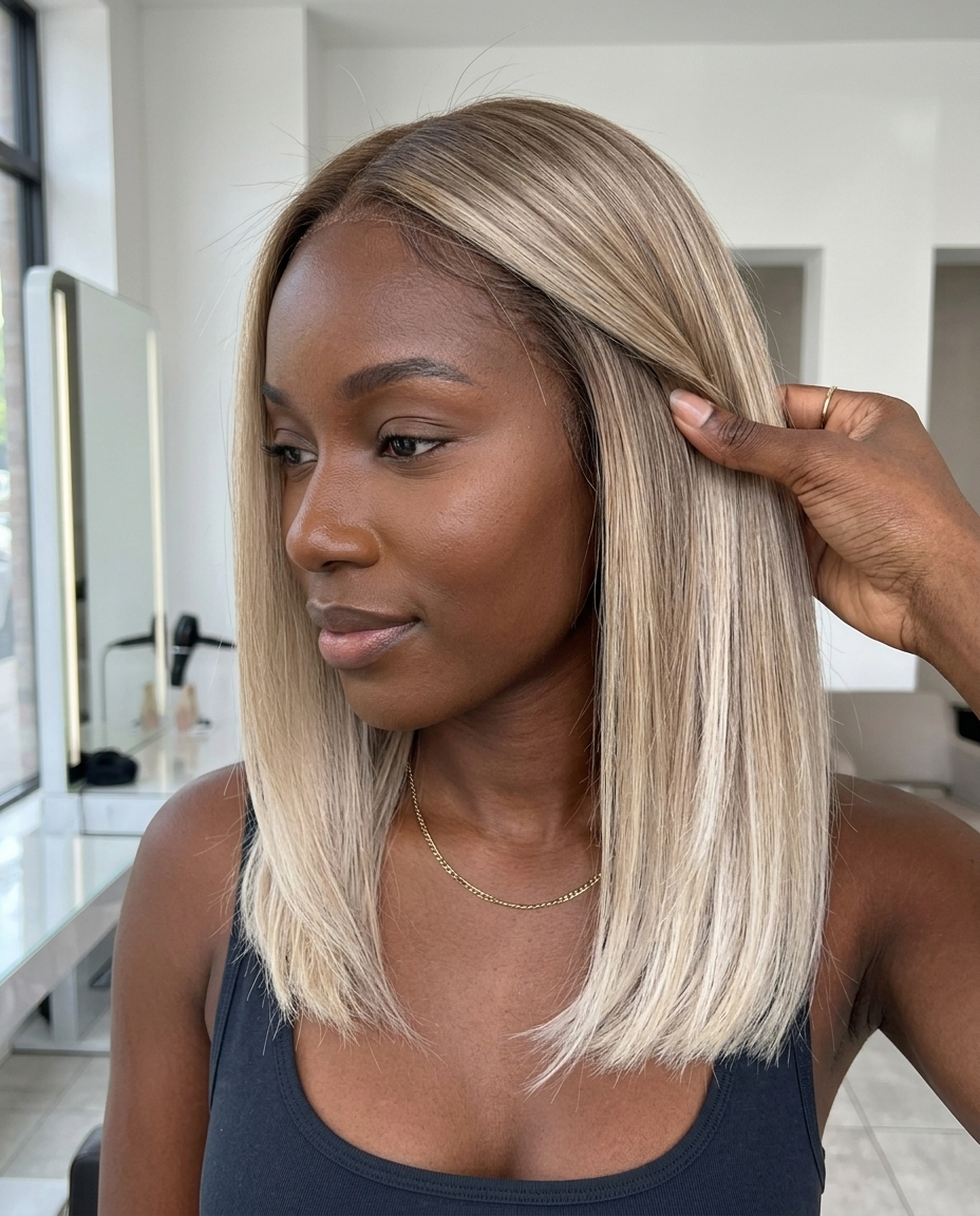 long champagne blonde ombre with icy platinum ends, blunt lob for professional events