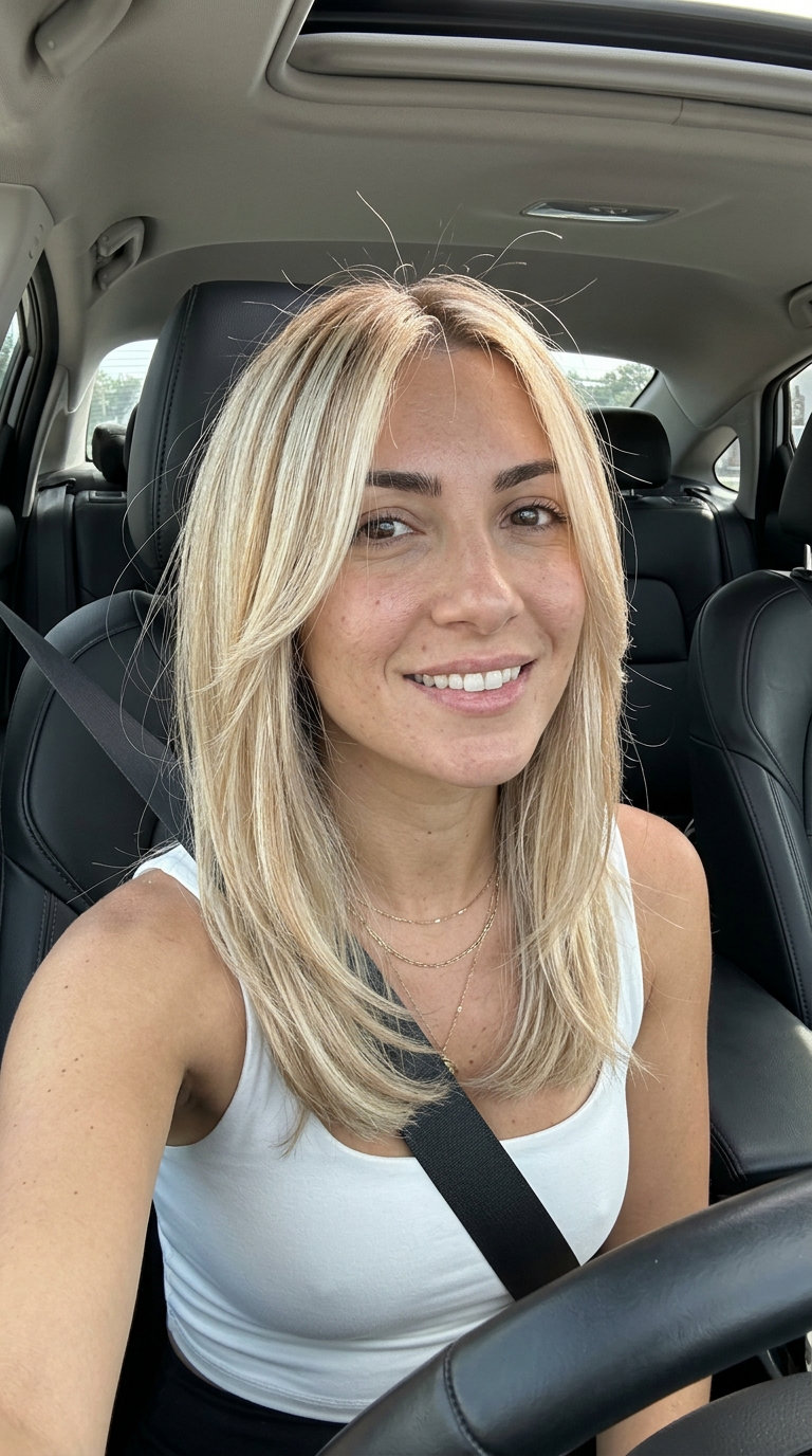 long champagne honey blonde hair with color melt ribbons, warm honey, no fringe — romantic luminous