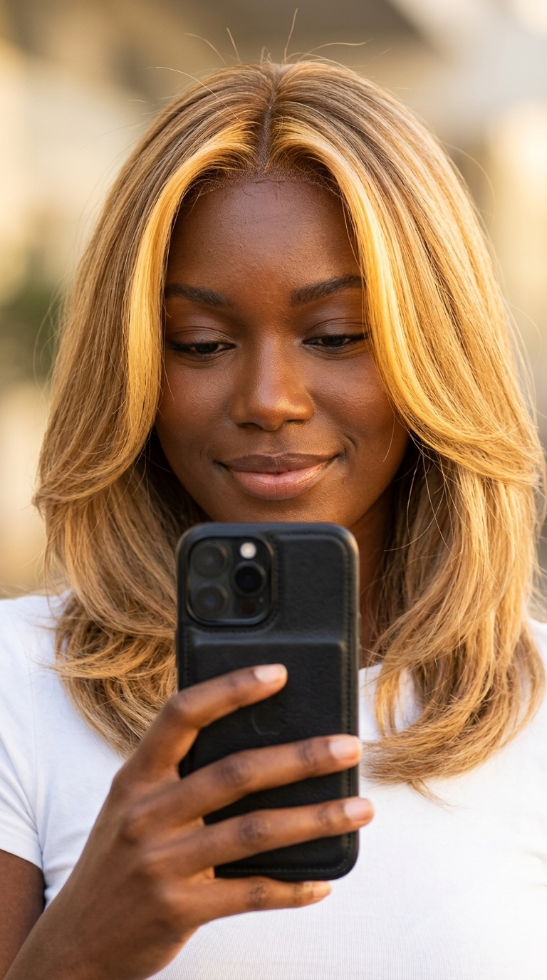 long champagne honey blonde hair with golden honey money pieces, high-lift foil, no fringe — playful radiant