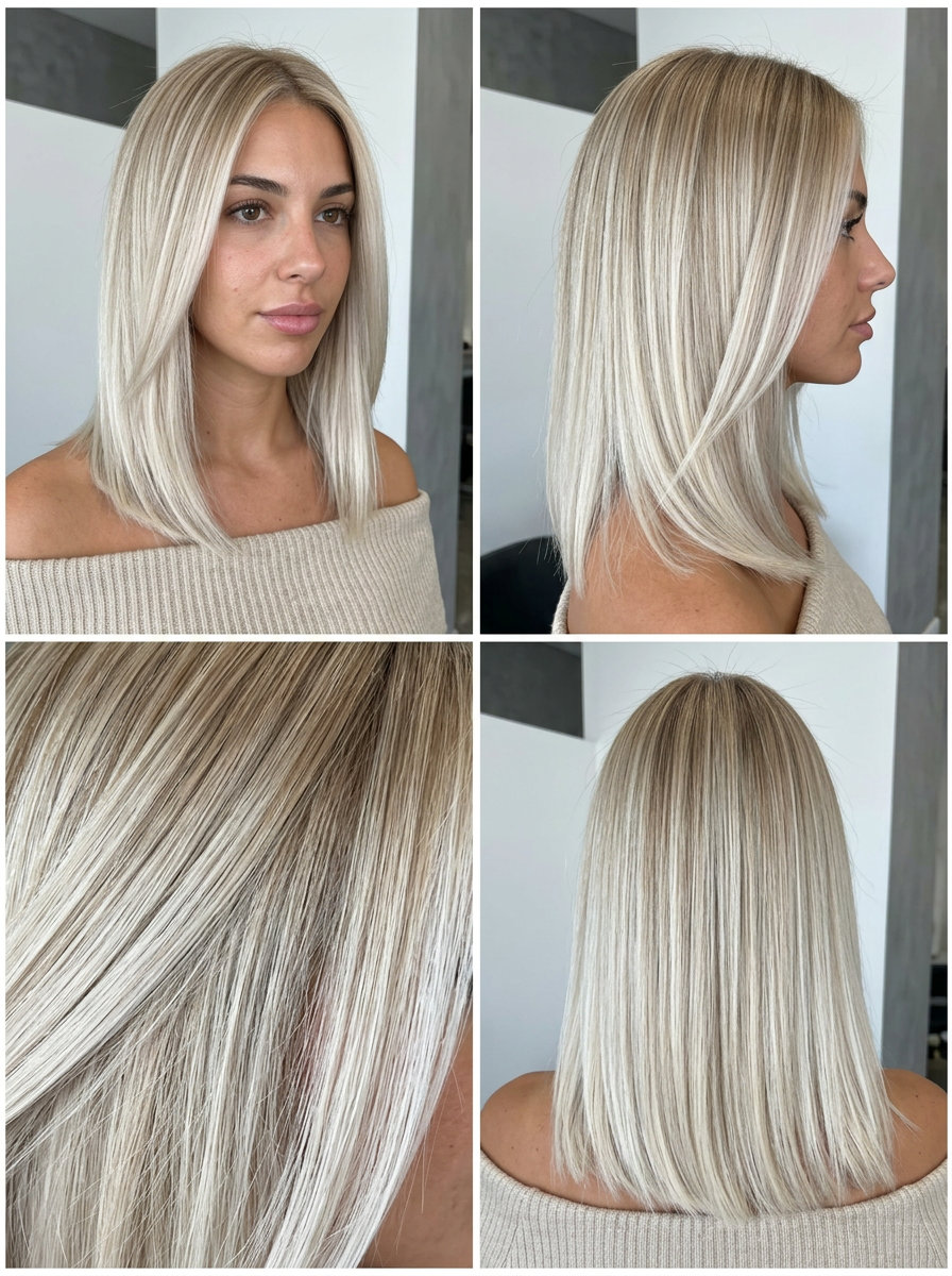long champagne honey blonde hair with platinum melt, cool champagne root, no fringe — edgy bold