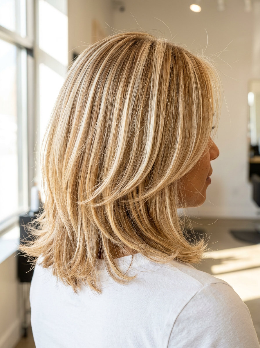 long champagne honey blonde hair with face-framing ribbons, high-impact foil highlights, no fringe — playful weekend