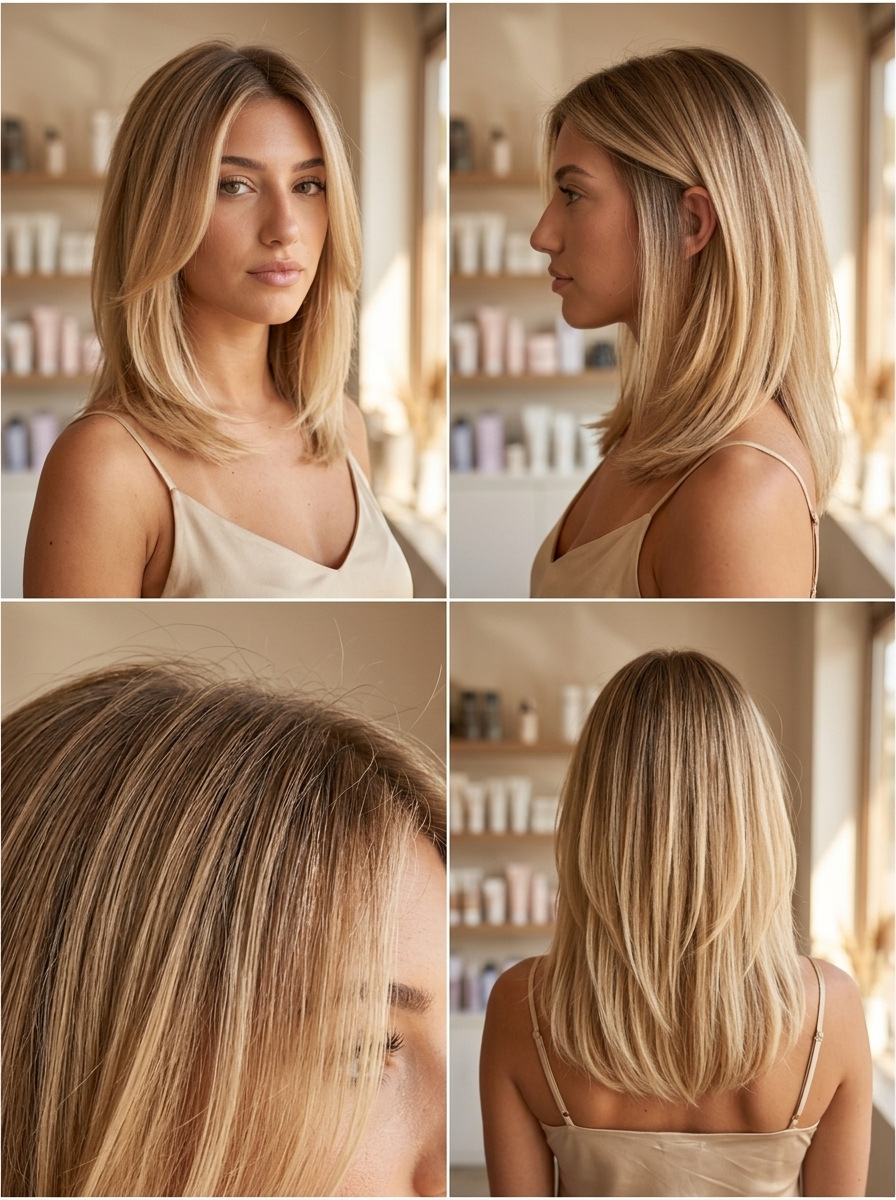 long champagne honey blonde hair with root smudge, cool champagne, no fringe — minimalist effortless