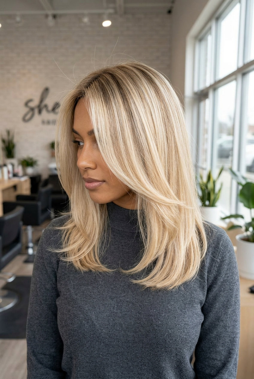 long champagne honey blonde hair with shadow root, creamy buttercream blonde, no fringe — soft professional