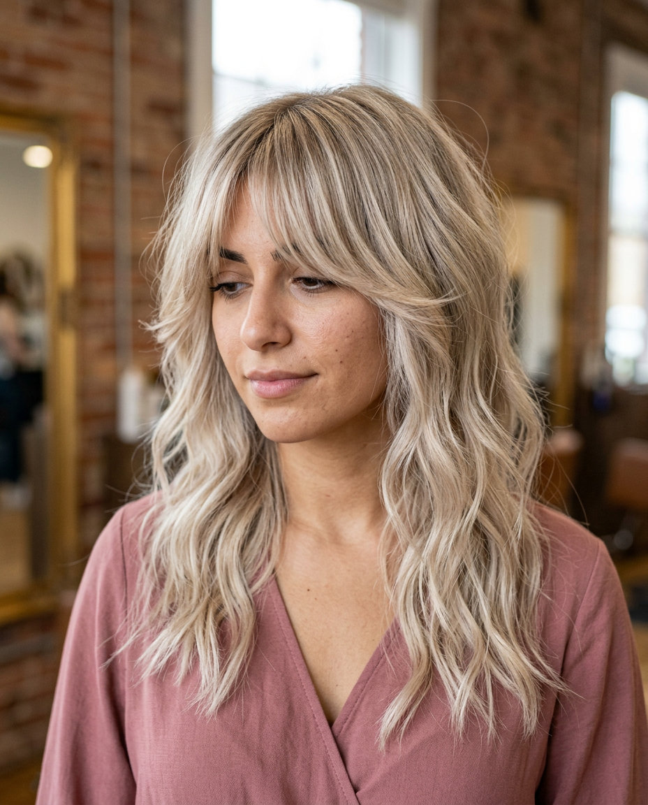 Champagne Toast Shag: Bright Summer Blonde 2026 long shag haircut in Champagne Toast blonde with babylights and wispy bangs for summer