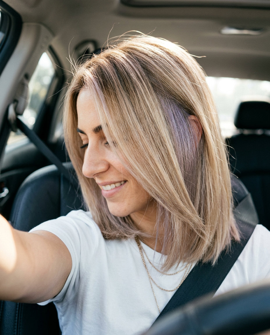 short champagne honey blonde hair with undercut, pearlescent champagne tone, no fringe — edgy chic