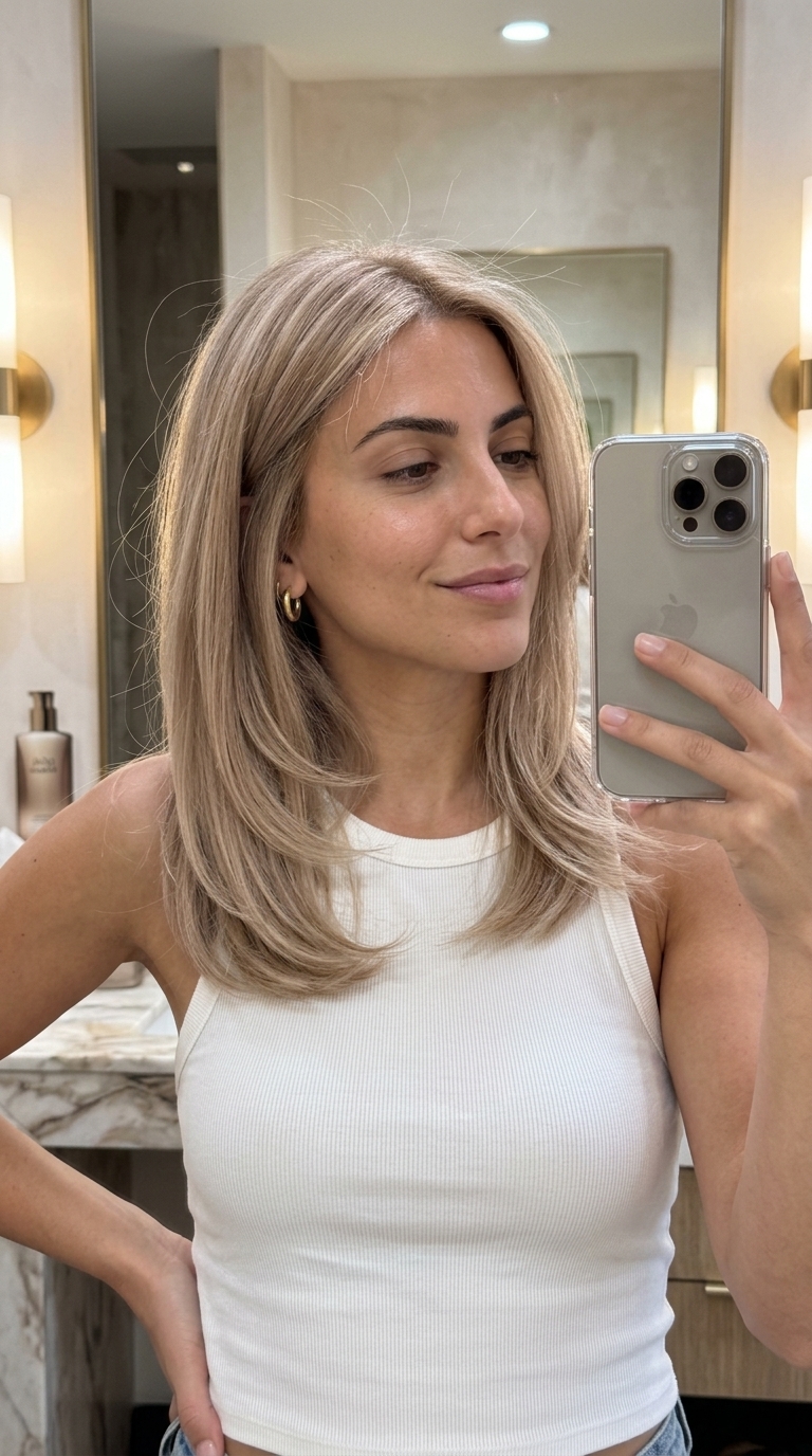 shoulder-length champagne honey blonde hair with babylights, soft beige undertones, no fringe — romantic chic